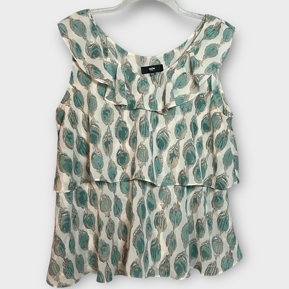 Women's Sleeveless  Blouse XXL Boho Sheer Tiered Ruffle Layers Green Leaves Vaca